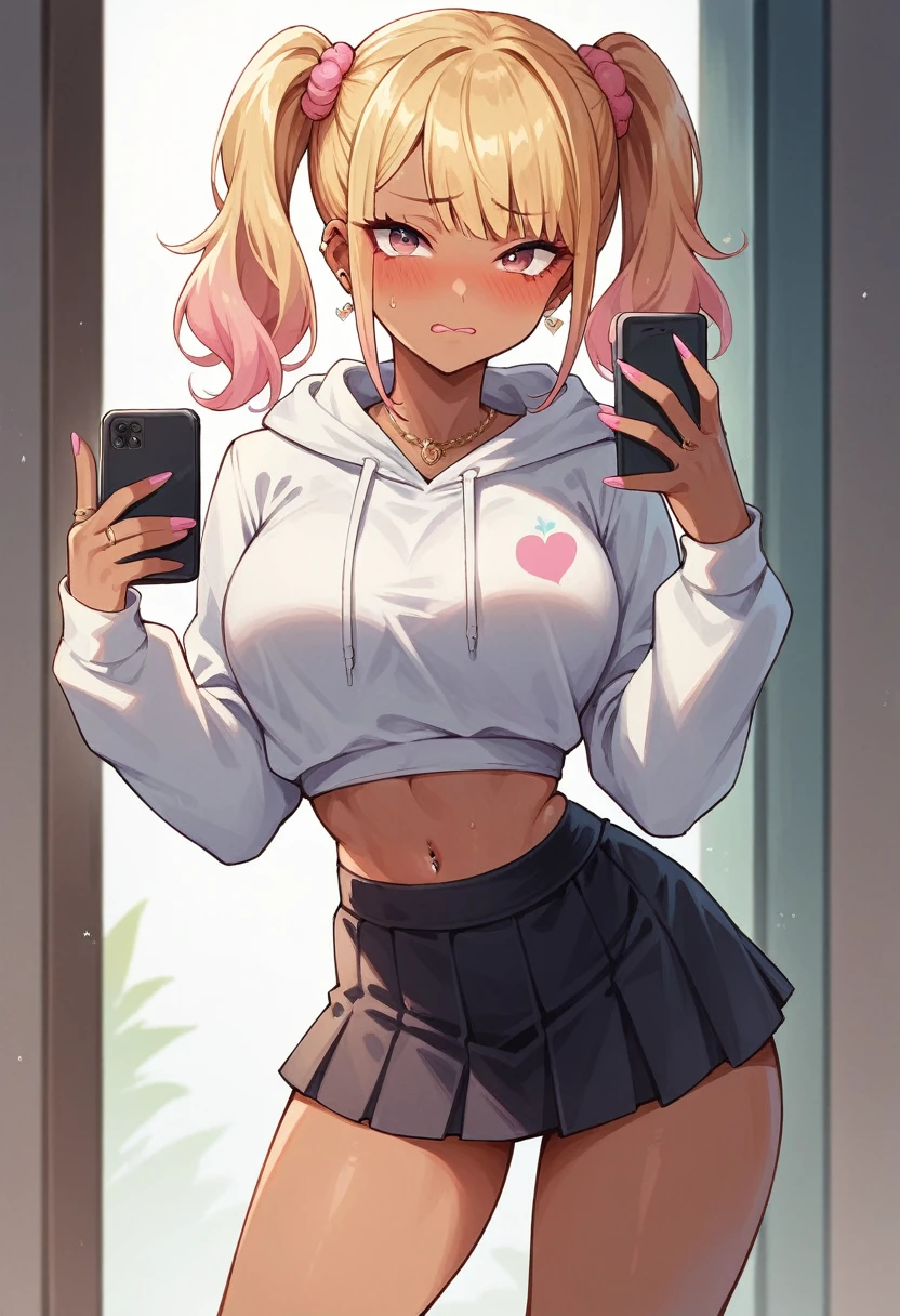 ((sexy girl ,gyaru))nsfw,glamorous, yoga wear.point the smart phone,embarrassed,blush,looking at viewer,string pantie,hoodie, mini skirt