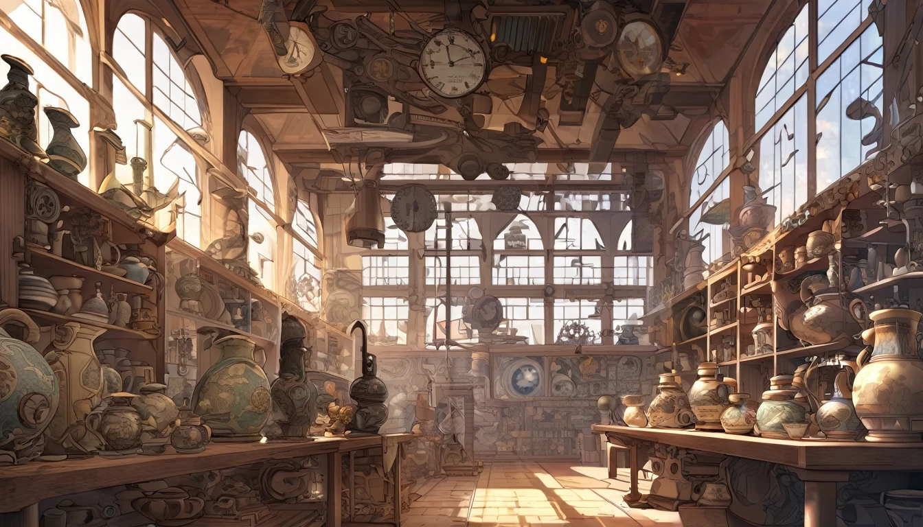 Cover page, High resolution, Highest quality, Highest quality, Paid reward available, An unparalleled masterpiece, Perfect artwork, Absurd, High-quality illustrations, 超High resolution, Detailed Background, Perfect Anatomy(kemono, Furry Personification)A large number of ceramics are on display in the room with many windows., In a cluttered laboratory, In the steampunk laboratory, Fantasy Alchemist's Laboratory, Inside the weapon shop, Alchemist's Library Background, Concept Art, Steampunk Factory Background,