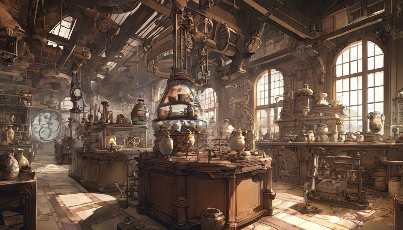 Cover page, High resolution, Highest quality, Highest quality, Paid reward available, An unparalleled masterpiece, Perfect artwork, Absurd, High-quality illustrations, 超High resolution, Detailed Background, Perfect ???????(kemono, Furry Personification)A large number of ceramics are on display in the room with many windows., In a cluttered laboratory, In the steampunk laboratory, Fantasy Alchemist&#39;s Laboratory, Inside the weapon shop, Alchemist&#39;s Library Background, Concept Art, Steampunk Factory Background,