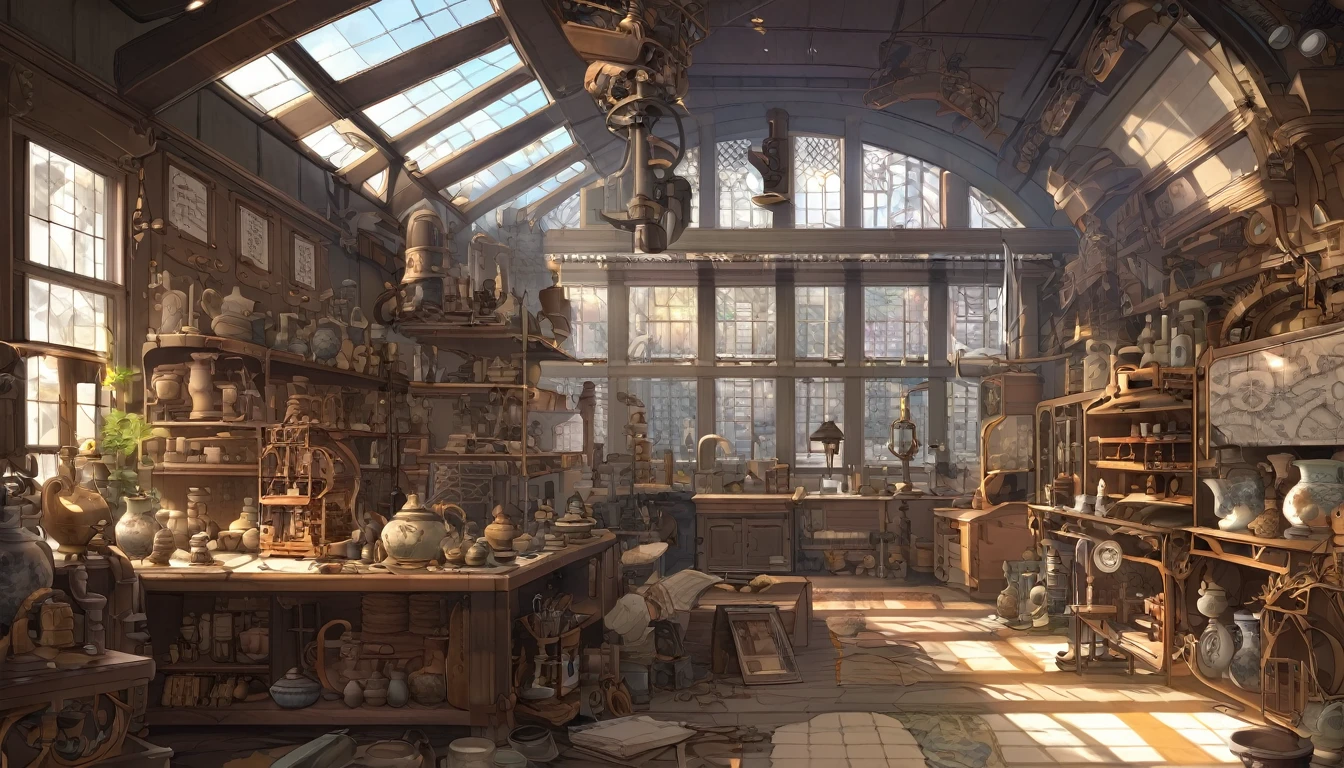 Cover page, High resolution, Highest quality, Highest quality, Paid reward available, An unparalleled masterpiece, Perfect artwork, Absurd, High-quality illustrations, 超High resolution, Detailed Background, Perfect ???????(kemono, Furry Personification)A large number of ceramics are on display in the room with many windows., In a cluttered laboratory, In the steampunk laboratory, Fantasy Alchemist's Laboratory, Inside the weapon shop, Alchemist's Library Background, Concept Art, Steampunk Factory Background,