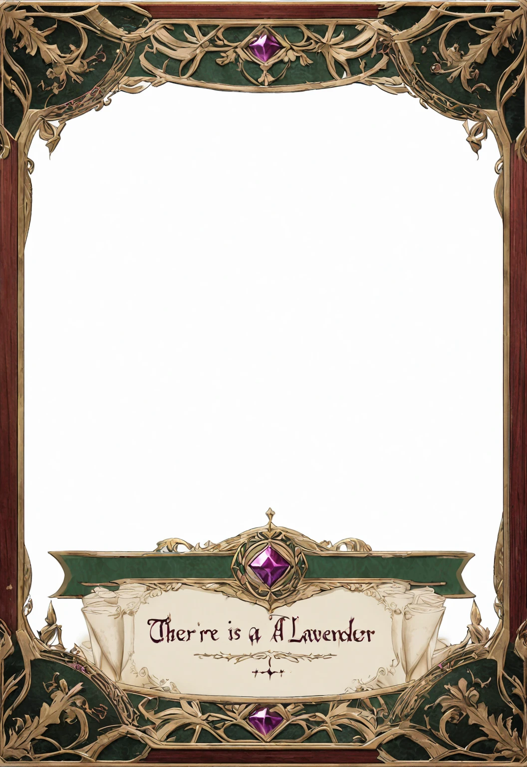 A card border UI,Medieval European aristocracy design,Noble and elegant dark style,There is a lavender ribbon in the middle with the card name.,There is a ruby under the bezel,There are sapphires on the left and right corners.。Redwood frame,Parchment backing,There are blood stains on it。Deep Red、Emerald Green、Gold main tone。