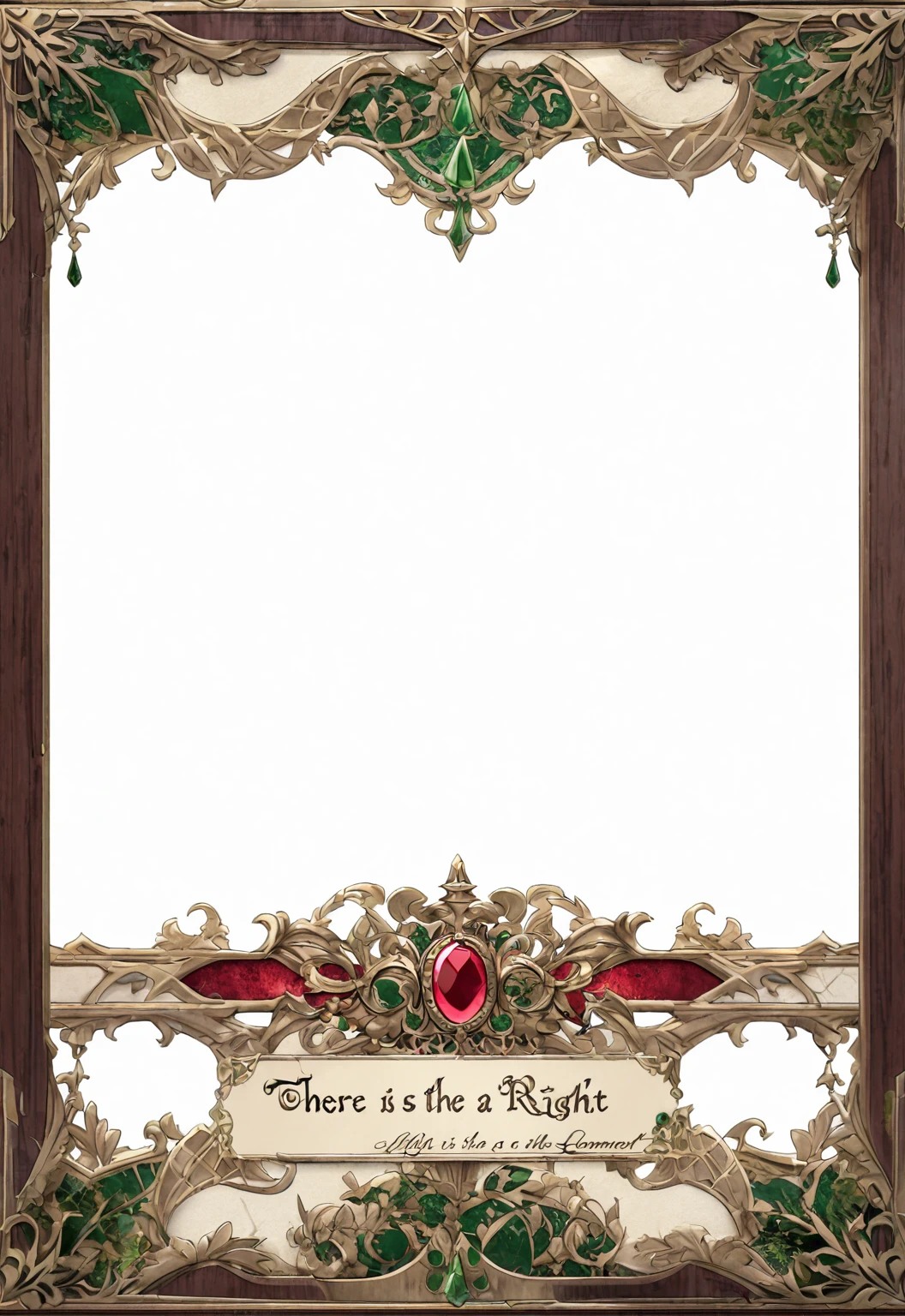 A card border UI,Medieval European aristocracy design,Noble and elegant dark style,There is a lavender ribbon in the middle with the card name.,There is a ruby under the bezel,There are sapphires on the left and right corners.。Redwood frame,Parchment backing,There are blood stains on it。Deep Red、Emerald Green、Gold main tone。