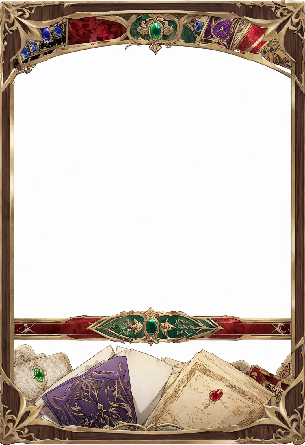 A card border UI，Medieval European aristocracy design，Noble and elegant dark style，There is a lavender ribbon in the middle with the card name.，There is a ruby under the bezel，There are sapphires on the left and right corners.。Redwood frame，Parchment backing，There are blood stains on it。Deep Red、Emerald Green、Gold main tone。
