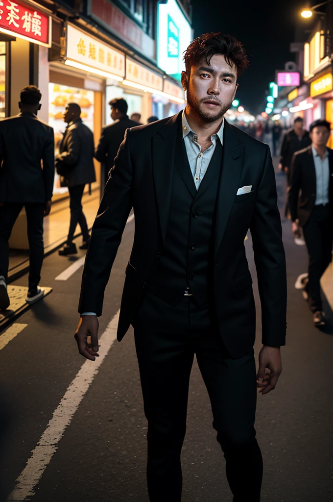 Rich African person, Congolese, mature ginger man, day, black business suit, face hair, beard, focus, 1 boy, very wide, look at the spectator, in China, at the market, in the middle of the road, neon lighting, (masterpiece, best quality:1.5)