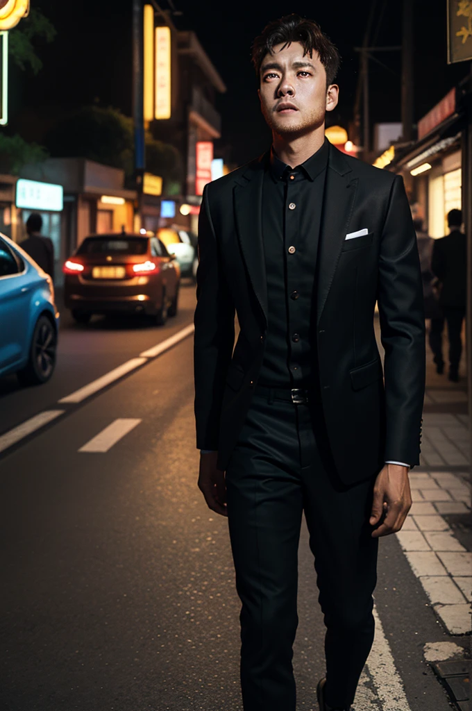 Rich African person, Congolese, mature ginger man, day, black business suit, face hair, beard, focus, 1 boy, very wide, look at the spectator, in China, at the market, in the middle of the road, neon lighting, (masterpiece, best quality:1.5)