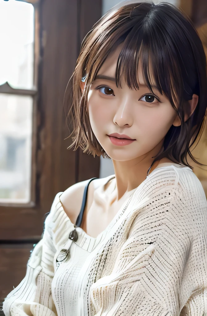 1 girl, (Wear a white summer sweater:1.2), Very beautiful Japanese idol portrait, 
(original photo, best quality), (Practical, Practical:1.4), (masterpiece), 
Very refined, Very detailed, 2k wallpapers, wonderful, Finely, Very detailed CG Unity 8K wallpaper, Very detailed, high resolution, Soft Light, 
Beautiful and delicate girl, Very detailed目と顔, Beautiful and delicate nose, Finely beautiful eyes, Cinema Lighting, 
(I&#39;m doing a gravure photo shoot for a fashion magazine.:1.3), (indoor), (Staring out the window on a rainy day:1.3),
(short hair), 
Complete anatomy, slim body, Small Breasts, 