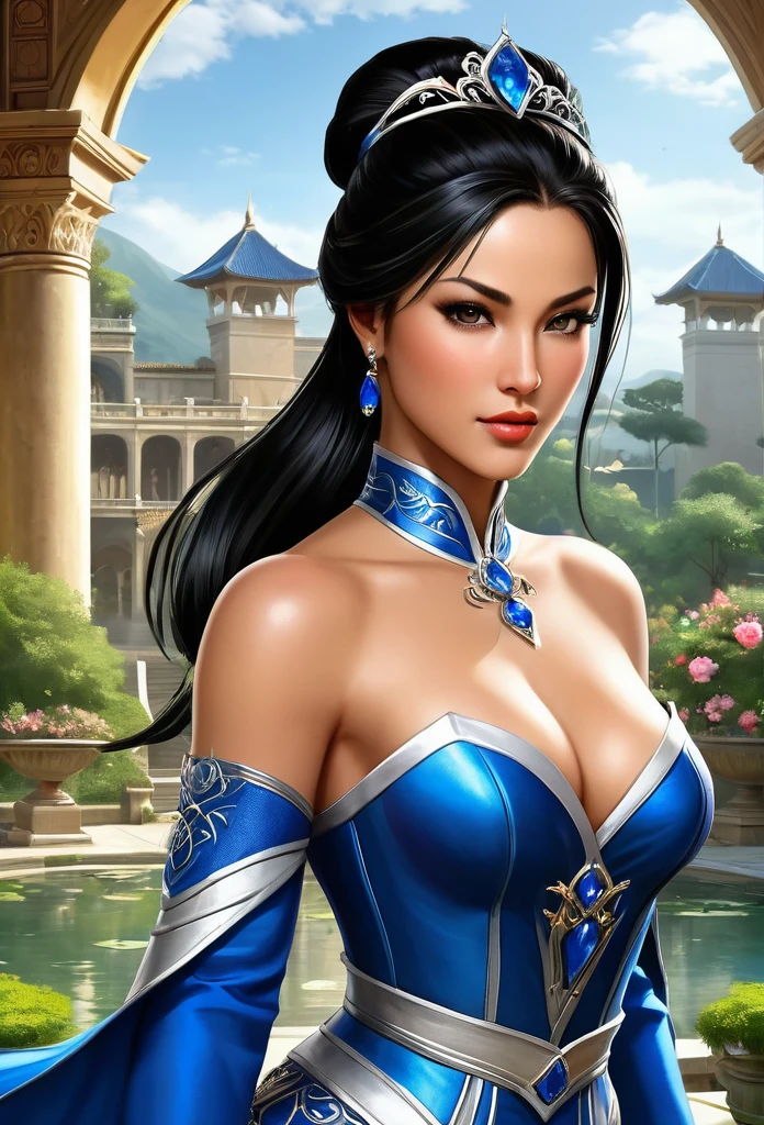 /imagine prompt: Game Kitana Mortal Kombat::3 extremely detailed and beautiful realistic, A beautiful black-haired princess, dressed in an elegant princess outfit, in a prosperous and peaceful kingdom called Edenia. In the background, a majestic palace with lush gardens.": --quality .5 8K, best quality, Art, illustration, extremely delicate and beautiful, Very detailed, CG, wallpaper, (real, photo-real: 1.37 ), amazing, exquisite details, electroplated silver