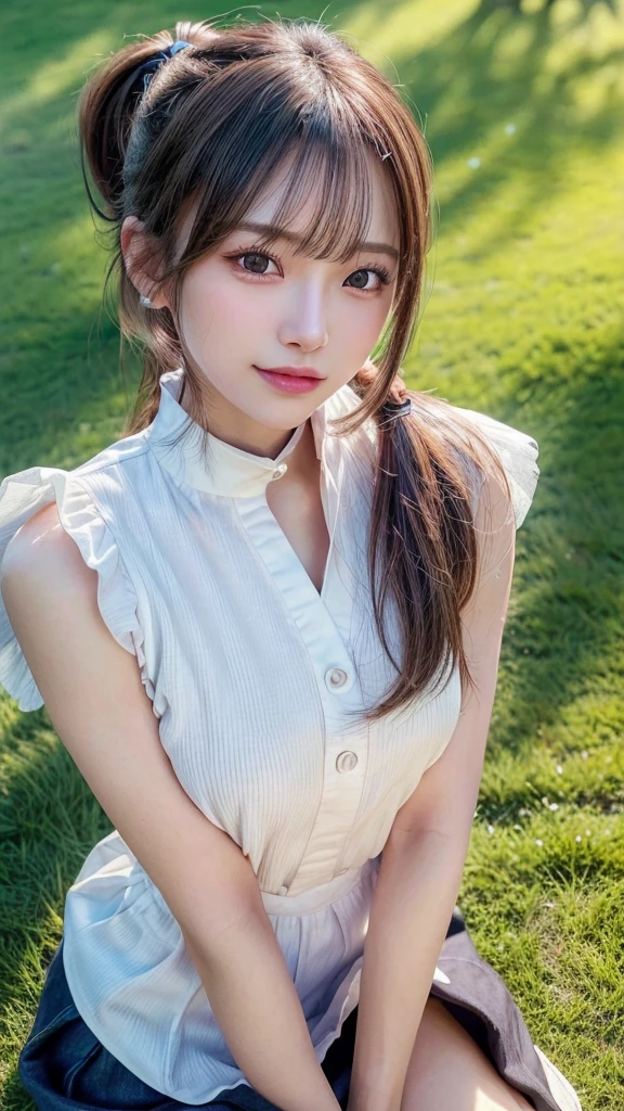 One piece with collar,outdoors,Urban Park,On the lawn,Ultra-detailed, finely detail, hight resolution, 8K Wallpaper, Perfect dynamic composition, Beautiful detailed eyes,Outdoor,Close-up of face,Outdoor,Blushing,Facing forward,,Long hair ponytail,((8k, Raw photo, Best Quality, Mastepiece:1.2), (Realism, Photorealistic:1.4), (Highly detailed 8K wallpapers), Depth of written boundary, Cinematic Lighting, Soft Light, Detailed Beauty Eye,Shiny and smooth light brown ponytail, Asymmetrical bangs, Shiny skin, Ultra-detailed skins ,It is high resolution., High detail, Detailed hairstyle, Detailed facial beauty, Hyper-realistic, Perfect limbs, Perfect Anatomy ,1 Japanese girl,Famous Japanese Idols, Perfect female body,A shy smile,Short eyelashes,Double-edged eyelids,Look straight here,Hair style: ponytail,