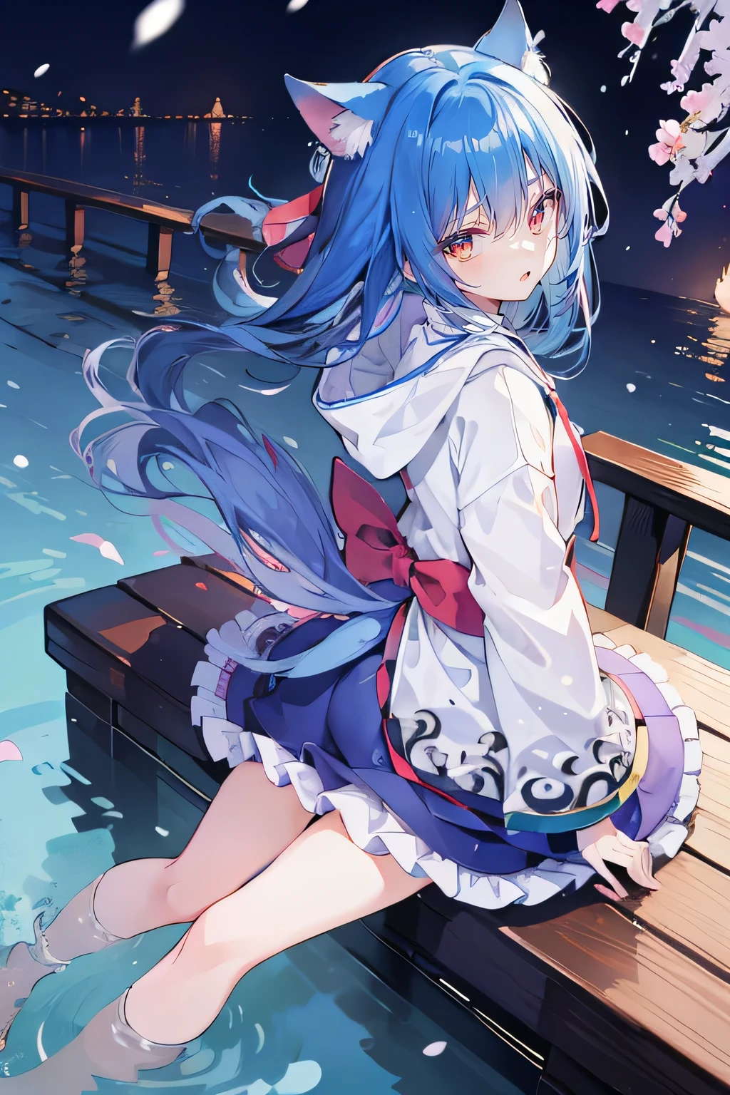 (masterpiece:1.2),Super detailed,lifelike,Expressive eyes,fair skin,perfect face shape,1 girl,
Japanese comics,Gorgeous blue hair,flowing blue hair,flowing clothes,Cat ears,Petals fall,beautiful lola,Baby Angel,
Shaking head with one hand,Cross your legs,Gentle and peaceful background,The pavilion is cool and comfortable,smile, wearing hoodie, background of tokyo,back views,snowing, winter,lie on the water.