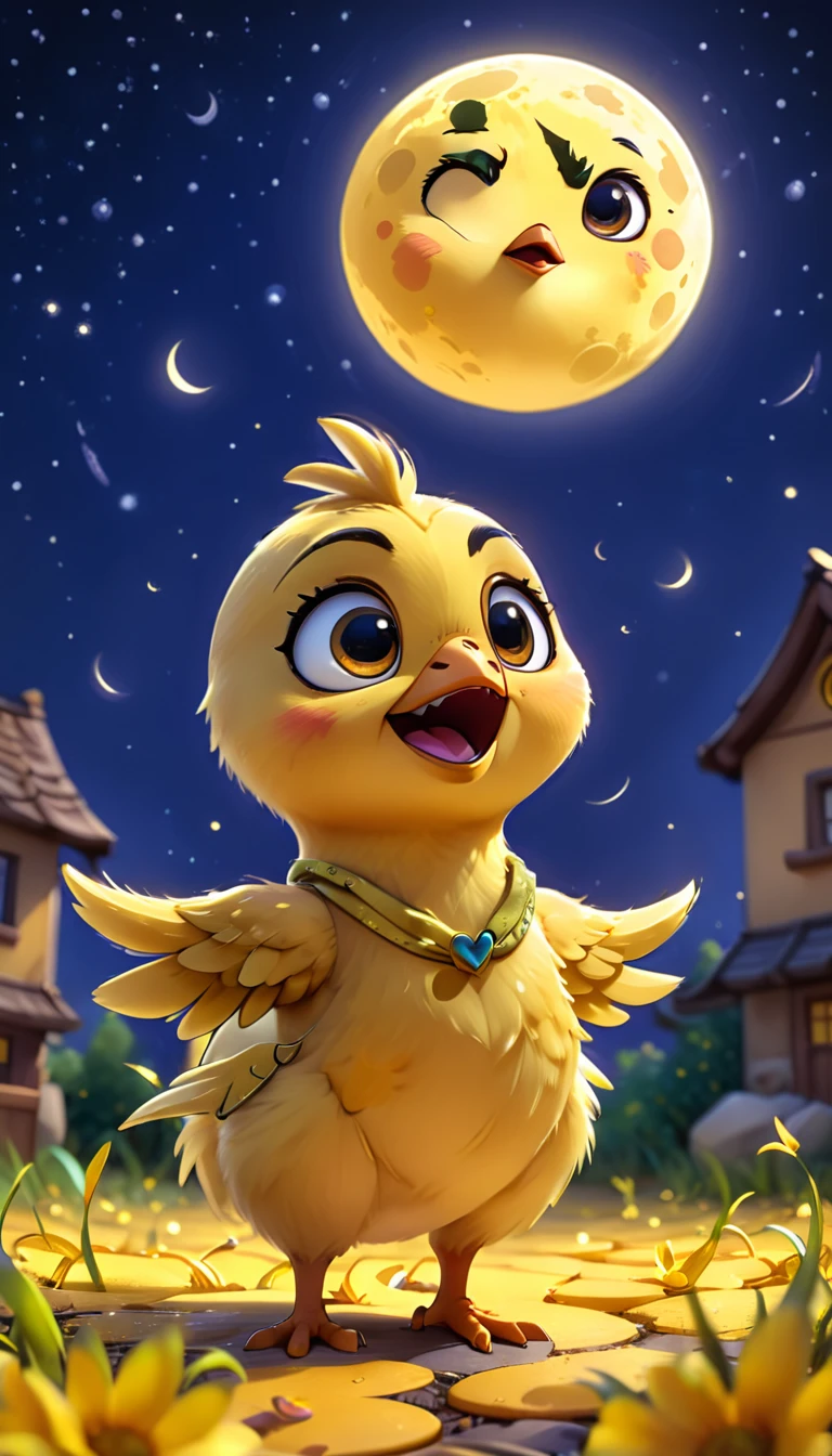 cute yellow chick, moon, cartoon,arms, hands,cute eyes, looking at viewer, hands up, effects background, particles, cute clothes