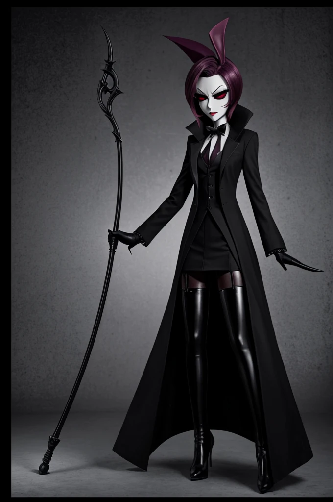 Create a fictional character who wears a suit similar to Lucifer from Hazbin Hotel but in black and who uses a cane to impose authority