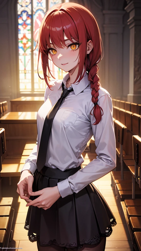 Masterpiece, top quality, best quality, official art, beautiful and aesthetic, anime, 1girl,extremely detailed, colorful, more detailed ((ultra-detailed)), (highly detailed CG illustration),Best Quality, High resolution, Unity 8k Wallpaper, (Illustration:0.8), (Beautiful detailed eyes:1.6), extra detailed face, Perfect Lighting, extremely details CG, (Perfect hands, Perfect Anatomy), makima, long hair, smile, bangs, (small breasts:1.2), (yellow eyes:1.2), braid, red hair, braided ponytail, ringed eyes,cleavage,collarbone,shirt, long sleeves, white shirt, necktie, collared shirt, black tight skirt, formal,black necktie, shirt tucked in,in middle of church, benches,candles, dark light,photo from behind, take of skirt, showing panties, bend over