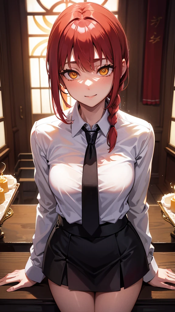 Masterpiece, top quality, best quality, official art, beautiful and aesthetic, anime, 1girl,extremely detailed, colorful, more detailed ((ultra-detailed)), (highly detailed CG illustration),Best Quality, High resolution, Unity 8k Wallpaper, (Illustration:0.8), (Beautiful detailed eyes:1.6), extra detailed face, Perfect Lighting, extremely details CG, (Perfect hands, Perfect Anatomy), makima, long hair, smile, bangs, (small breasts:1.2), (yellow eyes:1.2), braid, red hair, braided ponytail, ringed eyes,cleavage,collarbone,shirt, long sleeves, white shirt, necktie, collared shirt, black tight skirt, formal,black necktie, shirt tucked in,in middle of church, benches,candles, dark light,photo from behind, take of skirt, showing panties, bend over