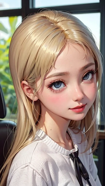 blush a little and smile, (Top quality masterpiece:1.2) Delicate illustrations, Very detailed, /Beautiful Japanese Women、1 person,Very cute and slim、Great style 、((8K images、super high quality))、Very delicate face, Skin and Hair、beautifule forehead、Red lipstick、(((((Mid-length hair、Blonde))))),Very cute Japanese cut face、Eyes and nose are clearly visible、Kind eyes,((((Casual Fashion))))