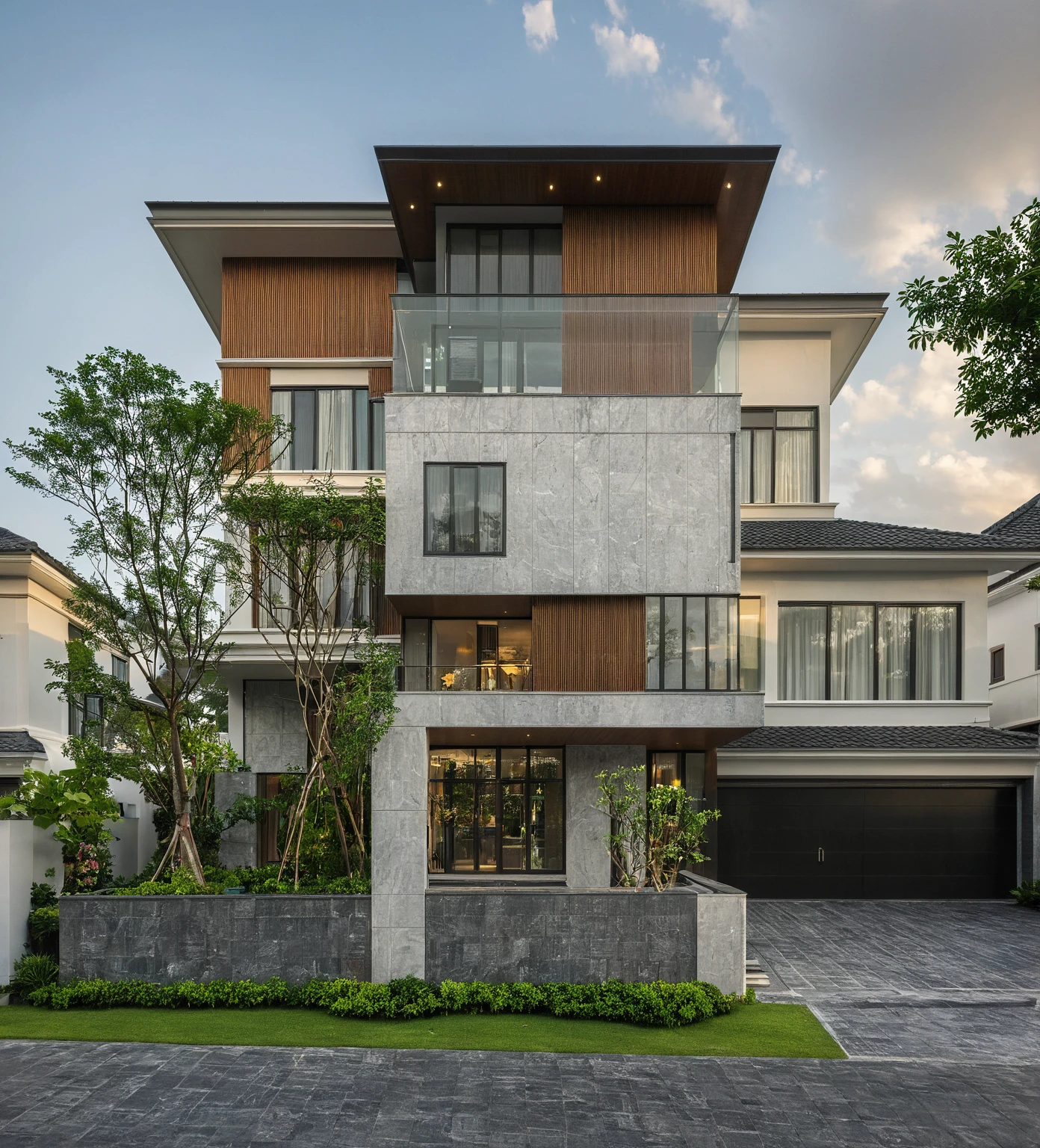 modern villa on street, (overcast lighting:1.2), tropical tree, vivid color, streetcapes, nice sky, grey and wwhite tone, (large glass door:1.2), warm interior lighting, modern material, best quality, ultra realistic, masterpiece, 17ArchiAI_XL_VL-v1