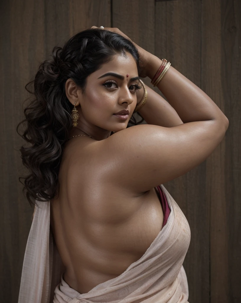 Looks like Sandeepa Dhar, beautiful gorgeous round face, Extremely gorgeous, round face, shoot for a famous cosmetics brand, shoot for top health magazine cover Page, bold photoshoot, bold looks, body positivity, stunning beauty, ravishing, spicy hot, sizzling hot, sensual shoot, artistic sensual photograpy, thick figure, curvy, Thick navel, sexy tempting lady, sexy navel folds, fleshy figure, woman with a flower in her hair and a flower in her hair, closeup portrait shot, movie stills photography, traditional beauty, body sweat, glistening skin, feminine curve, curvy body, skin texture, skin pores, traditional clothes , traditional female hairstyles, pretty face!!, shot on sony alpha dslr-a300, indian woman with brown skin, indian goddess, traditional makeup, movie stills, actress, close - up portrait shot, detailed portrait shot, ultra HD, 32k, hyper realistic, hyper realistic skin, High level professional photography, insane details, high quality skin, beautymarks, real photograph, add every possible elements to make the photo looks as real photograph, tattoo, tattoo like tattooed tribal woman, chocolate brown skin, juicy thick figure, beautiful curvy figure, fleshy figure,