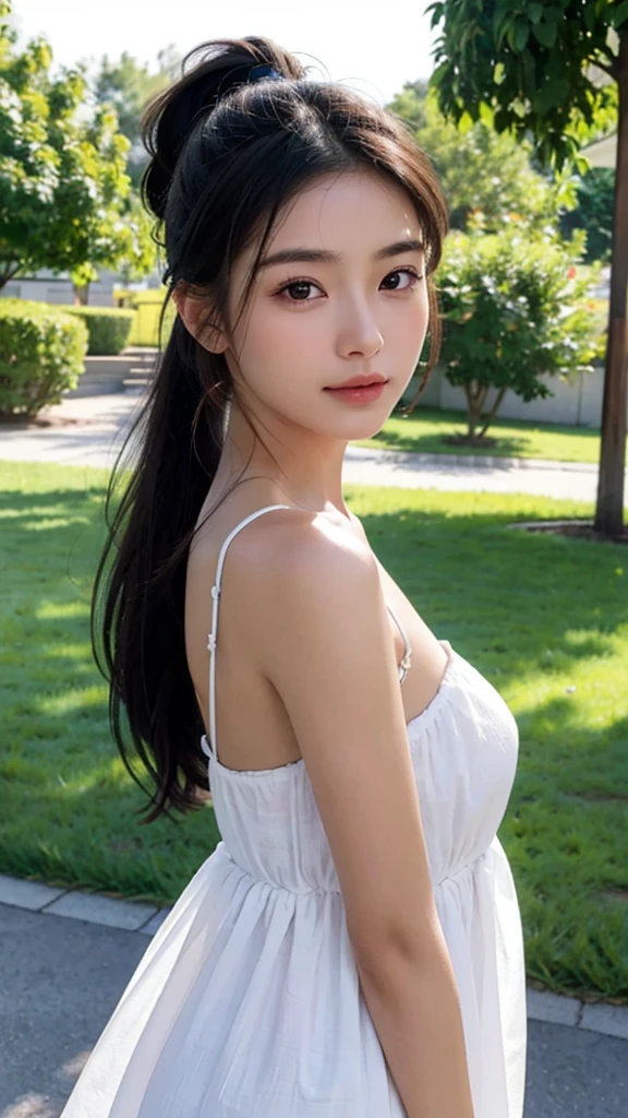dress,outdoors,Urban Park,On the lawn,One woman,close up face,fully body photo,masutepiece, The highest image quality, High quality, the background is clear,Beautiful woman, Japanese, Detailed, Ultra-detailed, finely detail, hight resolution, 8K Wallpaper, Perfect dynamic composition, Beautiful detailed eyes ,Detailed eyes, Detailed skin, Beautiful skin, 超hight resolution, (reality: 1.4),Very beautiful woman, Slightly younger face, Beautiful skin, slender, (Ultra photo realsisim), (hight resolution), (8K), (Very detailed) (beautifully detailed eyes), (super detailed), (Detailed face), view the viewer, Fine details, Detailed face, Staring straight ahead, Staring straight ahead, photos realistic, Bright lighting, Professional Lighting, Black hair,poneyTail,a baby face,sixteen years old,Hairstyle: ponytail,Long ponytail hairstyle,slight smile,