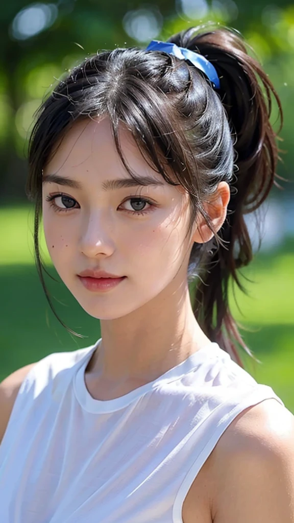 dress,outdoors,Urban Park,On the lawn,One woman,close up face,fully body photo,masutepiece, The highest image quality, High quality, the background is clear，Beautiful woman, Japanese, Detailed, Ultra-detailed, finely detail, hight resolution, 8K Wallpaper, Perfect dynamic composition, Beautiful detailed eyes ,Detailed eyes, Detailed skin, Beautiful skin, 超hight resolution, (reality: 1.4),Very beautiful woman, Slightly younger face, Beautiful skin, slender, (Ultra photo realsisim), (hight resolution), (8K), (Very detailed) (beautifully detailed eyes), (super detailed),   (Detailed face), view the viewer, Fine details, Detailed face, Staring straight ahead, Staring straight ahead, photos realistic, Bright lighting, Professional Lighting, Black hair,poneyTail,a baby face,sixteen years old,Hairstyle: ponytail,Long ponytail hairstyle,slight smile,