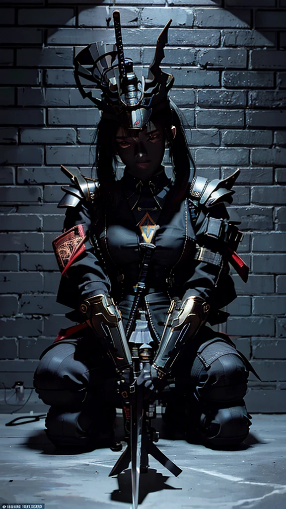 Surreal version of a woman kneeling down on one knee with sword in hand, Sitting on the wall,very beautiful cyberpunk samurai,Sitting on the wall,Futuritic background, Smoke color background, cyberpunk anime art, cyberpunk samurai, cyberpunk city anime art, cyberpunk anime, cgsociety 9, digital cyberpunk anime art, style of maciej kuciara .1girl, samurai armor, devil mask helmet, intricate, detailed ornaments, cold colors, metallic, Egyptian details, details very complex, realistic lighting, trending on social cgs, glowing eyes, facing camera, Brick wall,neon details, surreal details, full body portrait, Japanese atmosphere, lighting global, shadow, octane rendering, 8k, super sharp lolita.((Best quality)), ((masterpiece)), (details:1.4), 3D, image of a female cyberpunk beautiful,HDR (High Dynamic Range),Beam Range,NVIDIA RTX,Ultra High Resolution,Unreal 5,Subsurface Scattering,PBR Textures,Post-processing,Anisotropic Filtering,Depth of Field, Maximum clarity and sharpness, Multi-layer textures, Albedo and Reflection maps, Surface shadows, Accurate simulation of light-material interaction, Perfect scaling, Octane rendering, Two-tone lighting Color, Wide Aperture, Low ISO, White Balance, Rule of Thirds, 8K RAW,