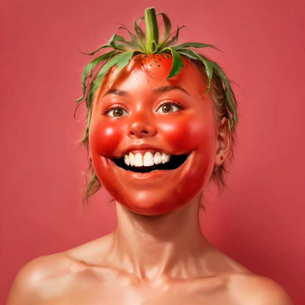 there is a woman with a tomato mask on her head, tomato monster, tomato, tom hanks tomato face, forest gump tomato body, also tomato, blushd, photographyalexey gurylev, made of food, blush, Red cheeks, David's Church, Inspired by Martin Schoeller, The picture on the right shows half of a happy face, Strange illustration