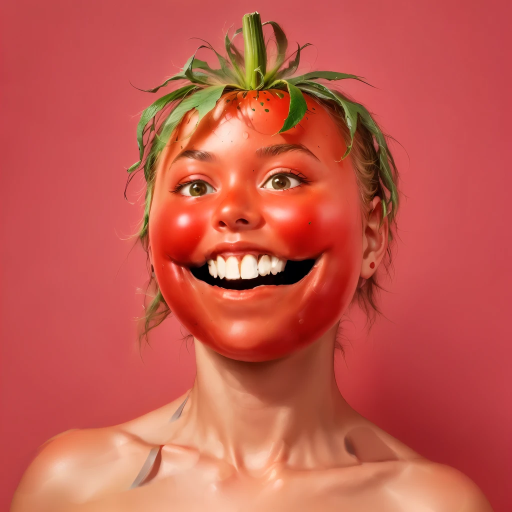 there is a woman with a tomato mask on her head, tomato monster, tomato, tom hanks tomato face, forest gump tomato body, also tomato, blushd, photographyalexey gurylev, made of food, blush, Red cheeks, David's Church, Inspired by Martin Schoeller, The picture on the right shows half of a happy face, Strange illustration