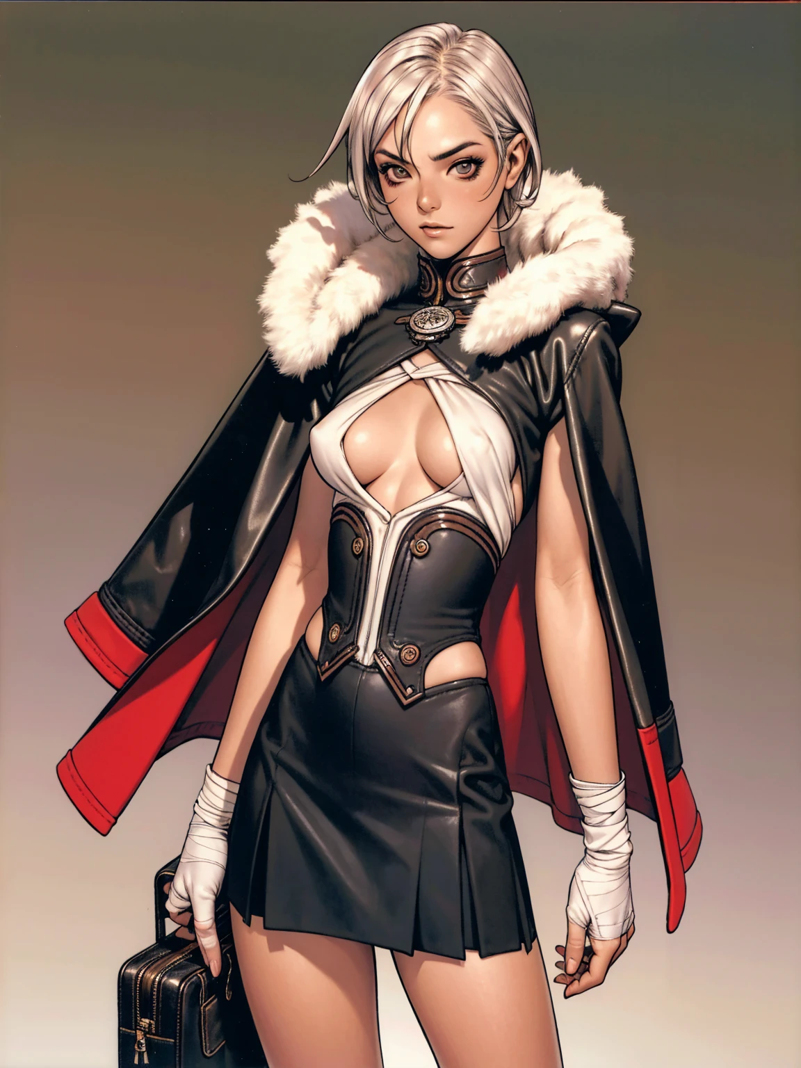 (((Annie Lennox))), (((just red))), (scars), (((Bandaged body))), ((hooded cloak)), (((best qualityer: 1.4))), (Unbeatable masterpiece), (hiper HD),(CG 8k hyper-realistic), (((brave face))), (((breasts big))), (((hyper feminine))), sexly girl, black tattoo,(colored hair with moths)), ((( sculptural body ))), (((1 Kizi))), Kizi tatuada de 25 anos com perfectbody,,Beautiful and well-groomed face,muscular body:1.2,solid color detailed jacket, (Head to thigh photos), Complex equipment, green dark,long pants,Tight clothes are dark,With white stars and off-white stripes,,,,,Armor Metal Electronic Parts, Poison tattoos ) INFO, Kizi, (((standing alone))), pirralha violent, ((())), sexly, pose de atitude, work of art, post-apocalypse, (((manga style))), bounty hunter, violent, Manic, the way you want, slenderbody, thin but strong, perfectbody, roupa moderna, advanced technology, Pleated mini skirt with checkered pattern in red and black, fur collar jacket, sleeves with vertical striped pattern, neutral background, (( cowboy shot )). intricate visual