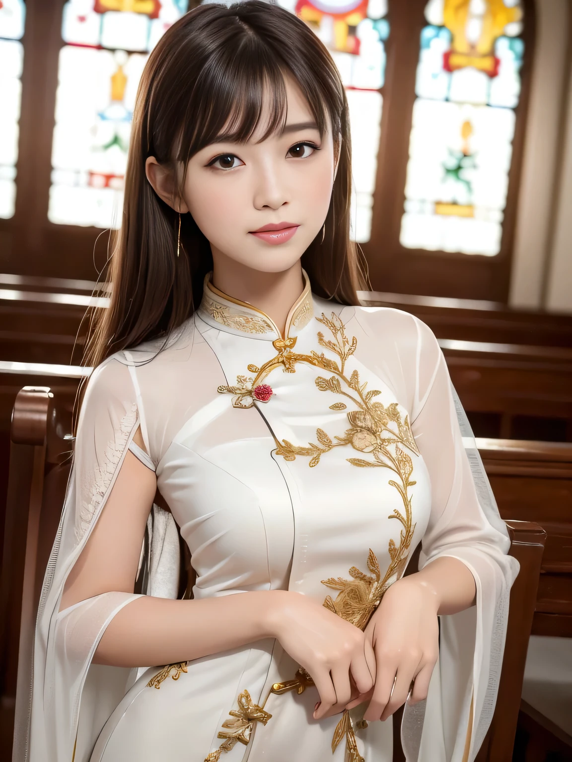 (Best Quality, 8k, 32k, Masterpiece, UHD: 1.3), Attractive Japan Woman Pictures, One Girl, 19 years old , Abs, Perfect Body, Ultra Detailed Face, Detailed Lips, Fine Eyes, Double Eyelids, seductive smile, (white ao dai), light brown hair, bangs, messy hair, elegant pose, sexy girl, Perfect female body, perfect and delicate limbs, Tan Dinh Church,