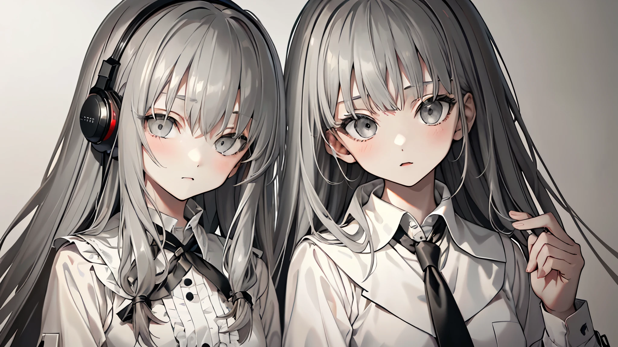 【Highest Quality, masterpiece】 [2girl, Manteau, expressionless, Gray eyes, front facing, Long hair, parka, Upper body] (Gray white background:1.7), black necktie, head phone, Sexy face, Beautiful eyes