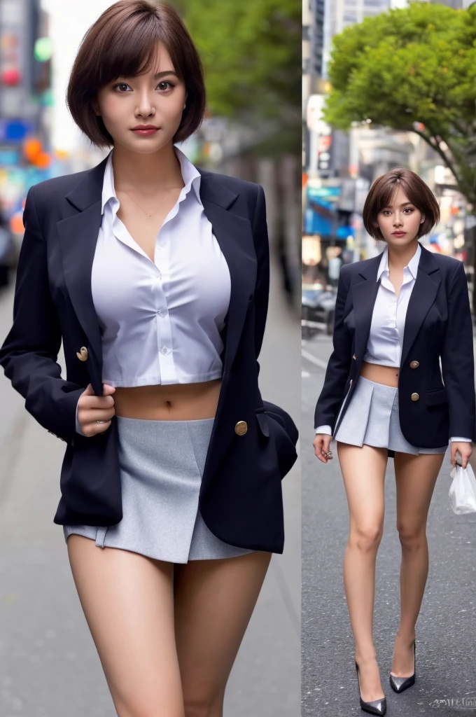 perfect body proportions of a 23 year old female, a face of the most beautiful actress in the world, the short hair cut above the ears for a female, blazer covering shirt is tight thanks to large breasts, panties between bare legs are seen just a little thanks to skirt is too short, bare thighs, the formal outfit is covering whole upper body, at the city street, standing, nsfw, best quality, highly detailed, masterpiece, ultra high res, photo realistic, 8k