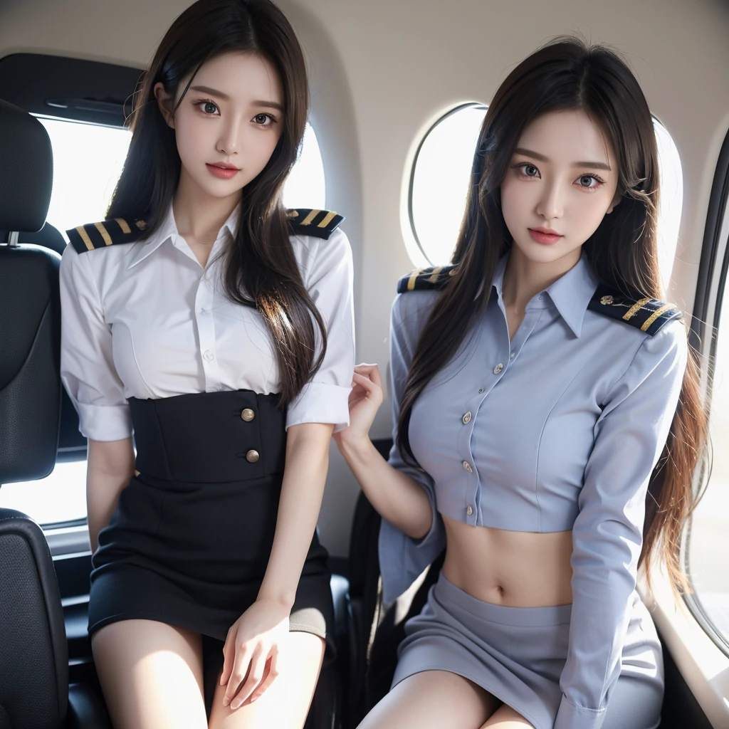 Beauty、Beautyパイロット、Detailed face、Realistic、beautiful girl、Beauty、Female Pilots、Airplane Pilot Uniform、beauty、Beautiful woman、Show off a slim waist、Handsome woman、mini skirt、Belly button