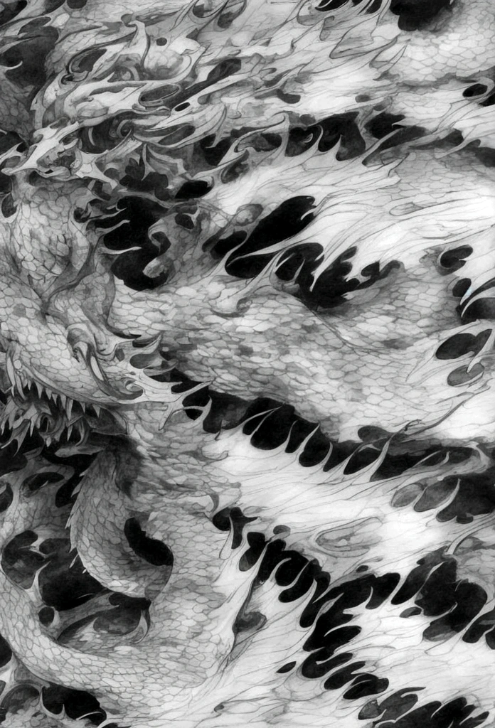 Close-up of a dragon on a cloud, lines, black and white, majestic Japanese dragon, dragon body, oriental tattoo, smooth chinese dragon, 3d chinese dragon silk, yakuza tattoo on body, fantasy