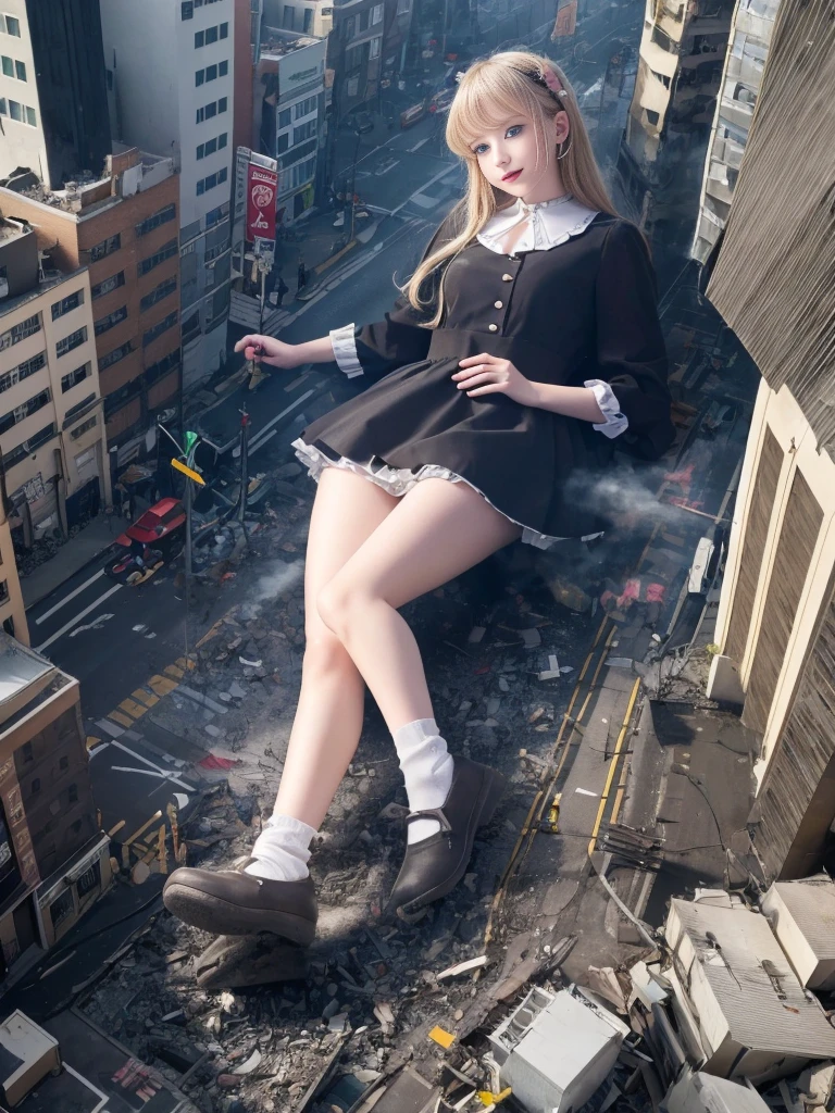 (Giantess Elements、High resolution、High resolution、high quality、Accurate body structure、Detailed body) そびえ立つ巨人のblondes少女,50,000 feet high、Looking up at the approaching woman from below、Giants attack the city、cute、blondes、Destroy a small townWomen、Destroy a small town、Mischievous look、(Maid outfit)Japanese、White skin、巨人blondes女、smile、Trampling buildings、rubble、Burning Small Town、Destroyed small building、Collapsed highway、Cars are crushed、Evacuating residents、sunset、Burning Small Town、go ahead、walk、Trampling、Anatomically correct、Accurate human body、Accurate skeleton、Full body portrait、blue eyes、Rubble scattered at my feet、Higher than skyscrapers、Big impact、amazing、Giantess Elements、Draw a woman in a big way、Increase the destructive element、Make the city smaller