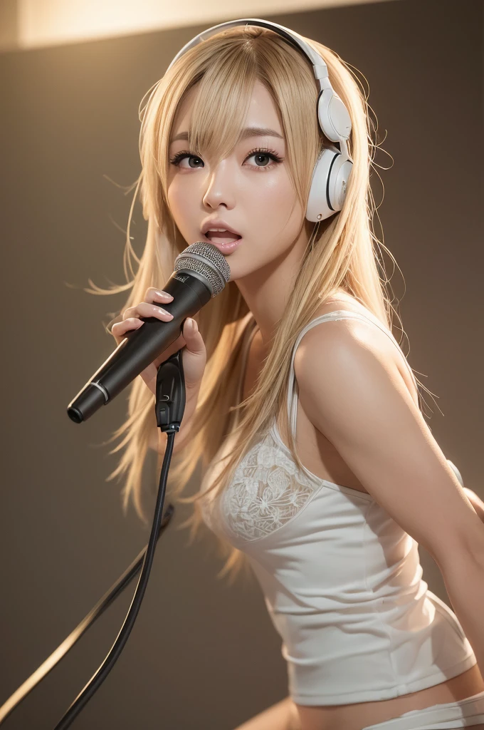 "Blonde Japanese woman, resembling Happy Sakura, elegant and captivating appearance, intricate details, high quality, (luxury:1.4), ultra-realistic 8K, perfect face, beautiful expression, beautiful eyes, blonde hair, model pose, ultra-realistic 4K, highest image quality, natural light, natural background, stylish clothing, professional artwork, modern style, clean and sophisticated look, holding a microphone and singing, female DJ wearing headphones, operating music equipment"　"Blurry image, low resolution, unnatural pose, unbalanced face, noise, excessive editing, inappropriate lighting, anime style, cartoon style, non-realistic texture, excessive saturation, artificial expression, abnormal proportions, unnatural background, low-quality details"