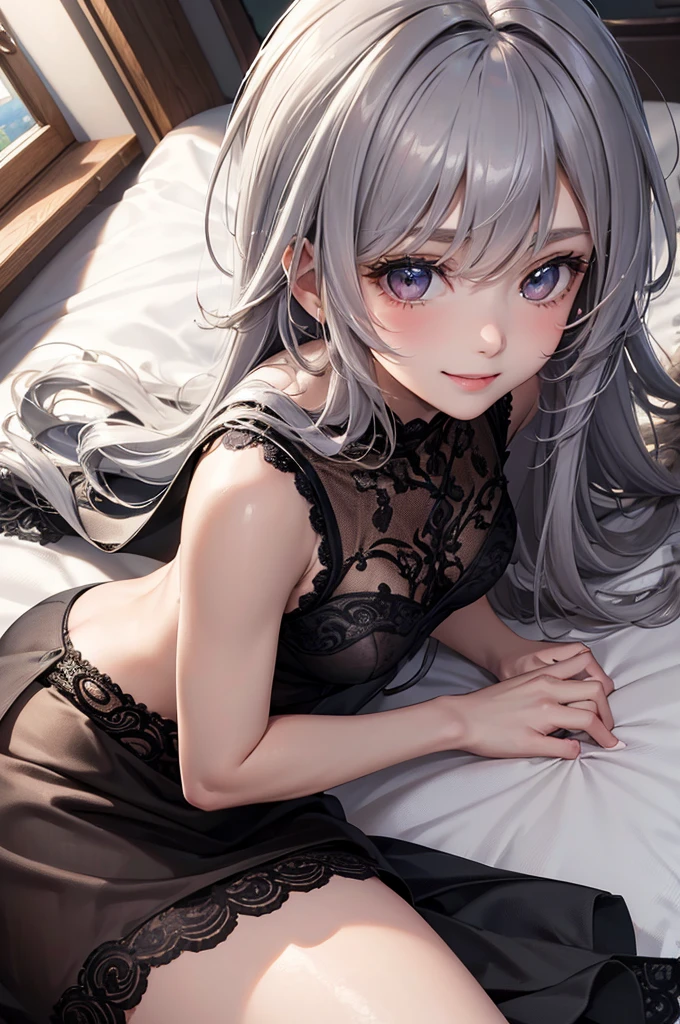 (Best Quality,High resolution,8K,finelity detailed background,Masterpiece:1.2),beautiful girl,Glossy romance gray hair,messy hair,Gray eyes,Gentle look,A refreshing look,Best quality,Best Quality,Aesthetic and aesthetic:1.2,Best details((Super detailed))(High-definition CG illustrations),Glamorous black underwear (black,intricate lace),Slender body,night,Moonlight,Bedroom,On the bed,smile,blush,cute,Scrounge,Looking up,Being spoiled,Smiling Kindly,super model,wariza,shoot from below