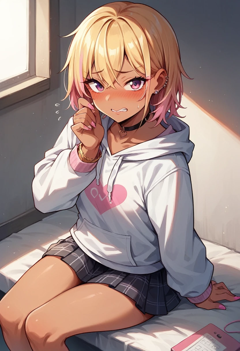 ((sexy girl ,gyaru))nsfw,glamorous,,embarrassed,blush,looking at viewer,string pantie,hoodie, mini skirt,sitting