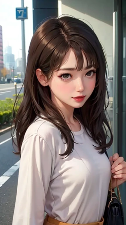 blush a little and smile, (Top quality masterpiece:1.2) Delicate illustrations, Very detailed, /Beautiful Japanese Women、1 person,Very cute and slim、Great style 、((8K images、super high quality))、Very delicate face, Skin and Hair、beautifule forehead、Red lipstick、(((((Mid-length hair、Brown Hair))))),Very cute Japanese cut face、Eyes and nose are clearly visible、Kind eyes,((((Casual Fashion))))