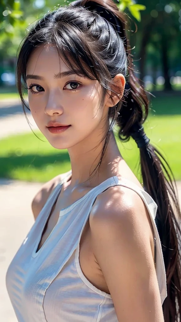 dress,outdoors,Urban Park,On the lawn,One woman,close up face,fully body photo,masutepiece, The highest image quality, High quality, the background is clear，Beautiful woman, Japanese, Detailed, Ultra-detailed, finely detail, hight resolution, 8K Wallpaper, Perfect dynamic composition, Beautiful detailed eyes ,Detailed eyes, Detailed skin, Beautiful skin, 超hight resolution, (reality: 1.4),Very beautiful woman, Slightly younger face, Beautiful skin, slender, (Ultra photo realsisim), (hight resolution), (8K), (Very detailed) (beautifully detailed eyes), (super detailed),   (Detailed face), view the viewer, Fine details, Detailed face, Staring straight ahead, Staring straight ahead, photos realistic, Bright lighting, Professional Lighting, Black hair,poneyTail,a baby face,sixteen years old,Hairstyle: ponytail,Long ponytail hairstyle,slight smile,