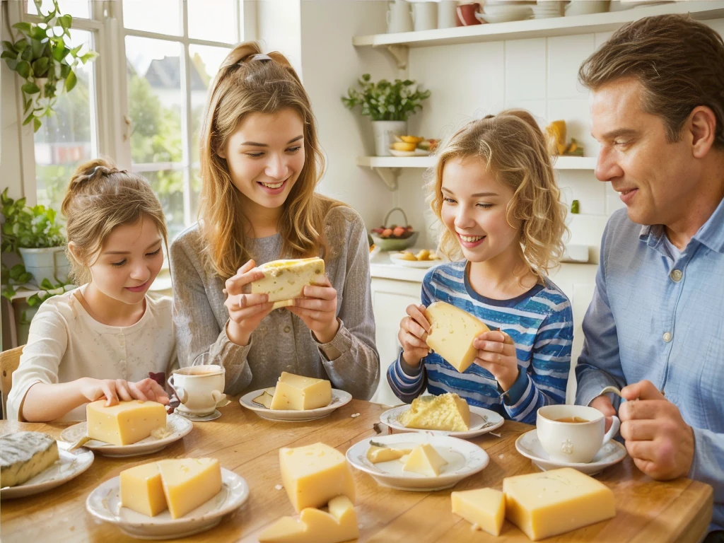 family of ((adult man and woman who are (over 45 years old)) and ((children boy and girl (12 years old each)) sitting at the table with food, Eating cheese, Warm and joyful atmosphere, shutterstock, stock image, stock image, stock image, promotional image, useful image, promotional photo, good morning, Family dinner, photo stop, delicious, cheese on the table, stock, artistic interpretation, slice of life, on trend, youtube thumbnail, portrait shot, Noon