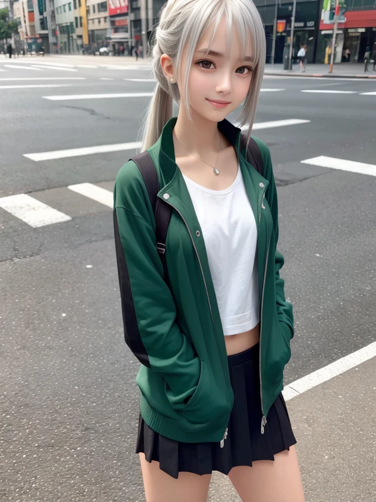 (8K, RAW Photos, Highest quality, masterpiece:1.2), (Realistic, photo-Realistic:1.4), (Highly detailed 8K wallpapers), ((Full Body Shot)), (1 girl), Sharp focus, Depth of written boundary, Cinematic lighting, Soft Light, 緻密な美しさのeye, eye_Chan, Very beautiful 17 year old girl, innocent big eyes, Realistic, photo Realistic, Highly detailed cute girl, (Thin thighs), (Model Body Type), 18-year-old, ((emerald green track jacket)), (Black Micro Mini Pleated Skirt), (((Fold your arms in front of your chest and act arrogantly))), ((A happy smile)), Parted lips, Watching the audience, (On the streets of Tokyo) , (Silver Hair),（Long bob hair ponytail), (Asymmetrical bangs)
