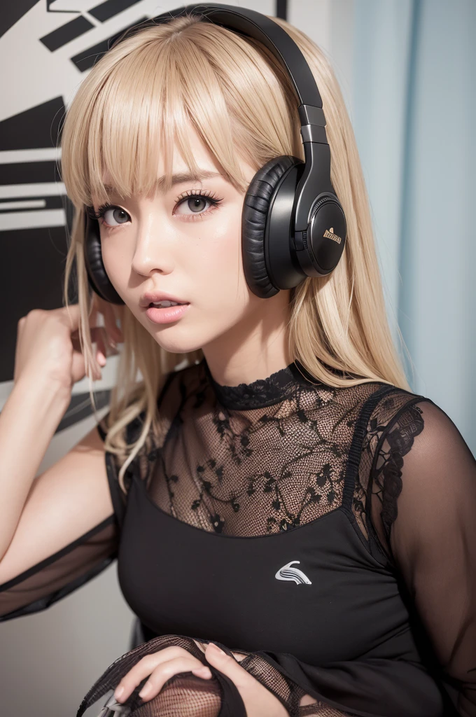 "Blonde Japanese woman, resembling Happy Sakura, elegant and captivating appearance, intricate details, high quality, (luxury:1.4), ultra-realistic 8K, perfect face, beautiful expression, beautiful eyes, blonde hair, model pose, ultra-realistic 4K, highest image quality, natural light, natural background, stylish clothing, professional artwork, modern style, clean and sophisticated look, holding a microphone and singing, female DJ wearing headphones, operating music equipment"　"Blurry image, low resolution, unnatural pose, unbalanced face, noise, excessive editing, inappropriate lighting, anime style, cartoon style, non-realistic texture, excessive saturation, artificial expression, abnormal proportions, unnatural background, low-quality details"