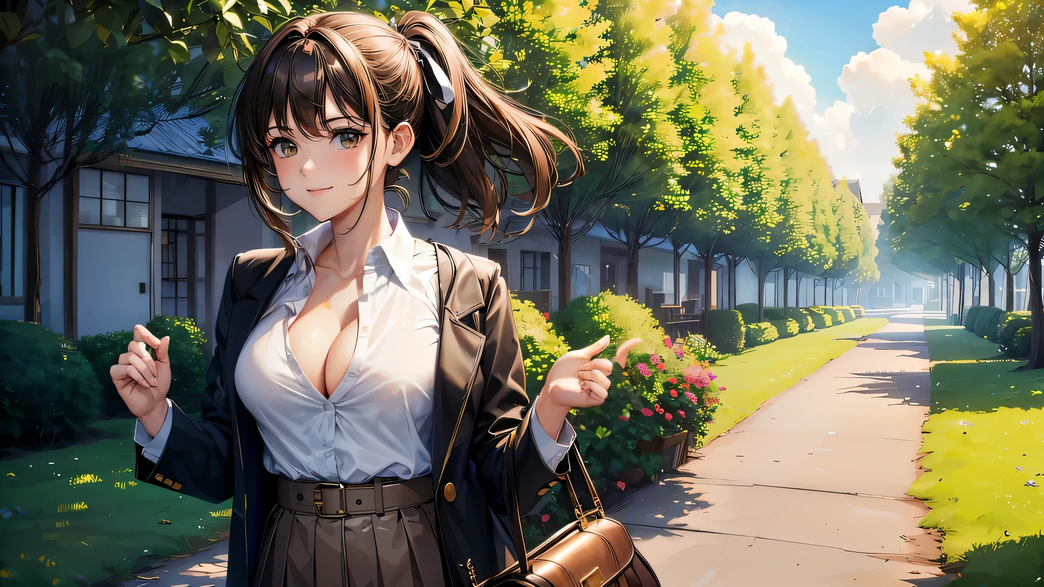 1girl, full body, solo, summer, village, trees, sun, clouds, ((brown hair)), ponytail, large breasts, ((black blazer)), button down shirt, ((white shirt)), ((short sleeved shirt)), ((unbuttoned shirt)), unbuttoning buttons, cleavage 1:3, brown eyes, skirt, smile, looking at the viewer, standing, hair ribbon, golden necklate, shoulder bag