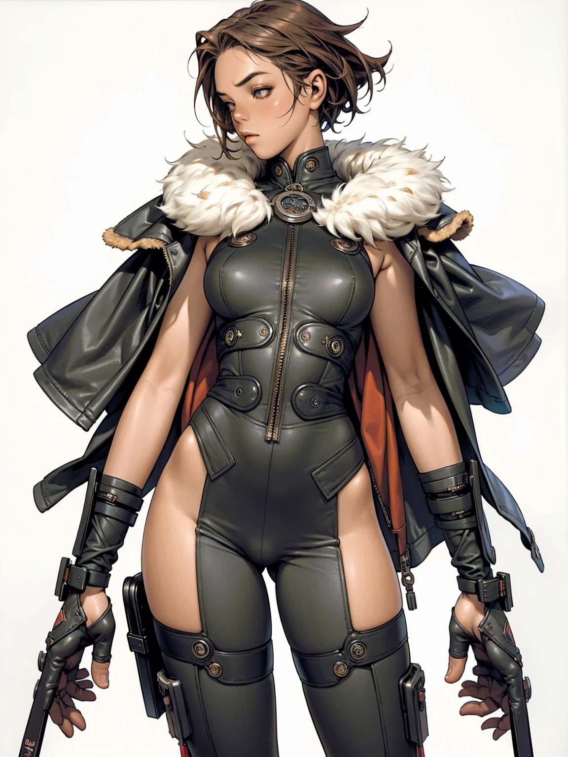 (((Annie Lennox))), (((rusty color suit))), (scars), (((bandaged arms))), ((fur hood)), (((best qualityer: 1.4))), (Unbeatable masterpiece), (hiper HD),(CG 8k hyper-realistic), (((brave face))), (((breasts big))), (((hyper feminine))), sexly girl, black tattoo,(ultra short green hair with red highlights)), ((( sculptural body ))), (((1 Kizi))), Kizi tatuada de 25 anos com perfectbody,,Beautiful and well-groomed face,muscular body:1.2,solid color detailed jacket, (Head to thigh photos), Complex equipment, green dark,long pants,Tight clothes are dark,With white stars and off-white stripes,,,,,Armor Metal Electronic Parts, Poison tattoos ) INFO, Kizi, (((standing alone))), pirralha violent, ((())), sexly, pose de atitude, work of art, post-apocalypse, (((manga style))), bounty hunter, violent, Manic, the way you want, slenderbody, thin but strong, perfectbody, roupa moderna, advanced technology, Pleated mini skirt with checkered pattern in red and black, fur collar jacket, sleeves with vertical striped pattern, neutral background, (( cowboy shot )). intricate visual