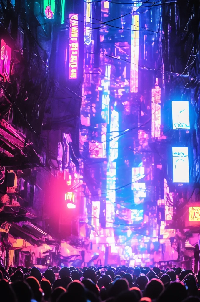 in the Raiward Award-winning masterpiece, which depicts an adult black-haired, medium-sized cyborg with full face in psychedelic colors walking the streets at night., Wearing bright neon colored glasses, 8K, (high qualiy:1.1), (movie atmosphere:1.1), Deep dark shade, incredibly intricate details, until , (zaun:1.1), From above, gazing at viewer, (shine of light:1.1), (Chromatic aberration,:1.2) background with floating light untilifacts