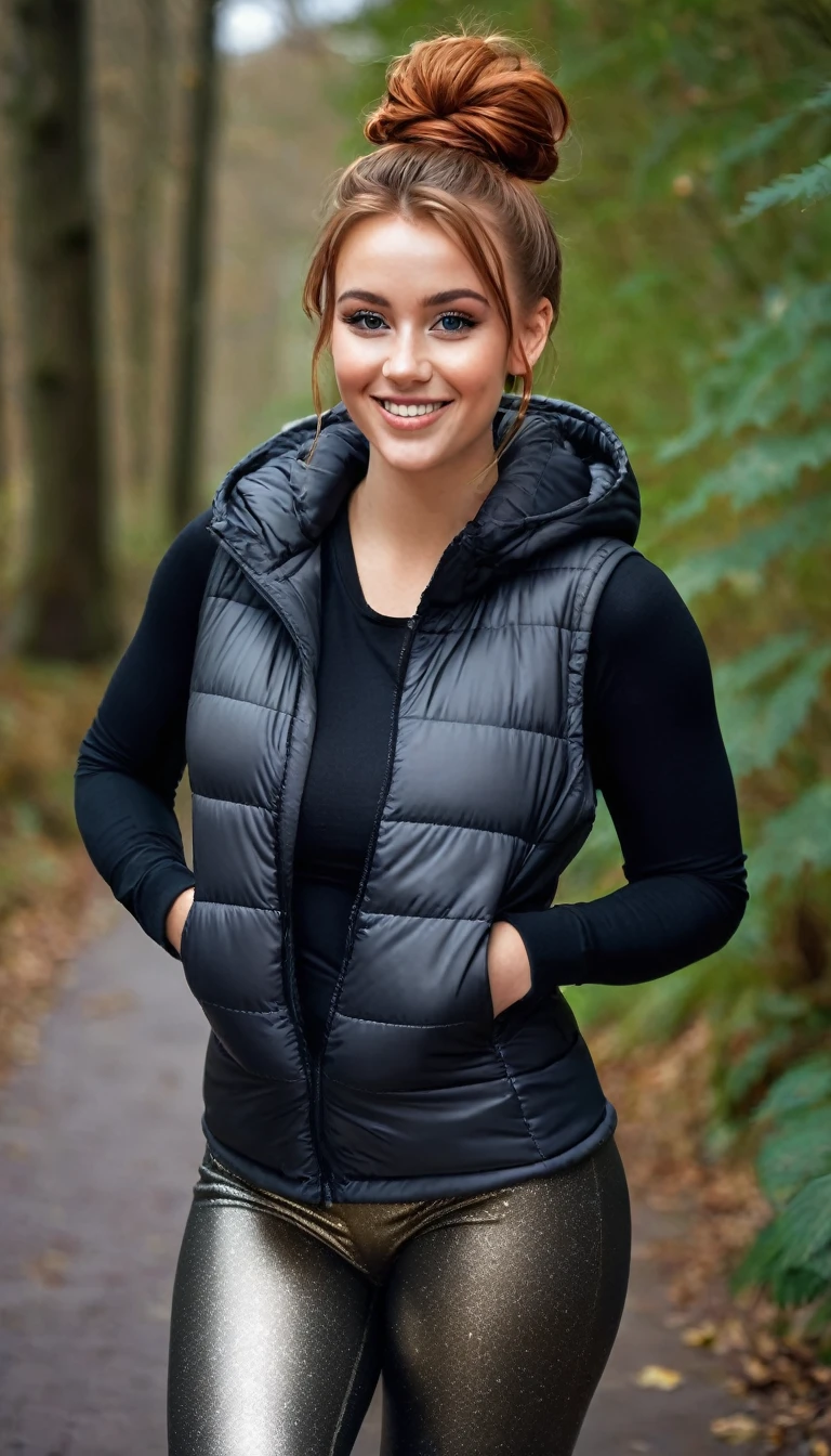 ultrarealistic high quality full body photo of a beautiful busty slim european 25-year-old woman with cute hyperdetailed shy face and natural redhead messy bun hair and shy smile , realistic round hazel eyes, natural lips, dark eye makeup with eyeliner, wearing casual hoodie with shiny puffer vest and latex leggins, hourglass body, outdoor photography, tanned