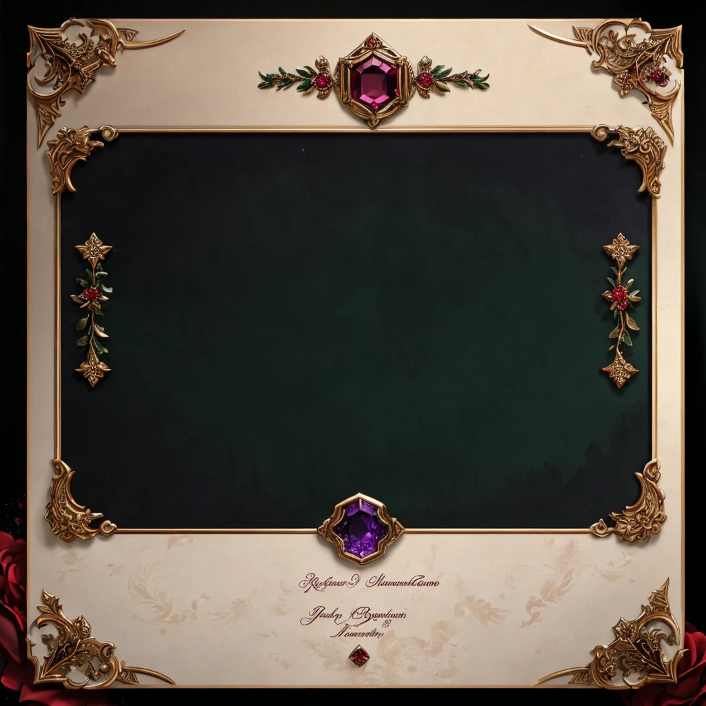 A card border UI,Medieval European aristocracy design,Noble and elegant dark style,There is a lavender ribbon in the middle with the card name.,There is a ruby under the bezel,There are sapphires on the left and right corners.。Redwood frame,Parchment backing,There are blood stains on it。Deep Red、Emerald Green、Gold main tone。