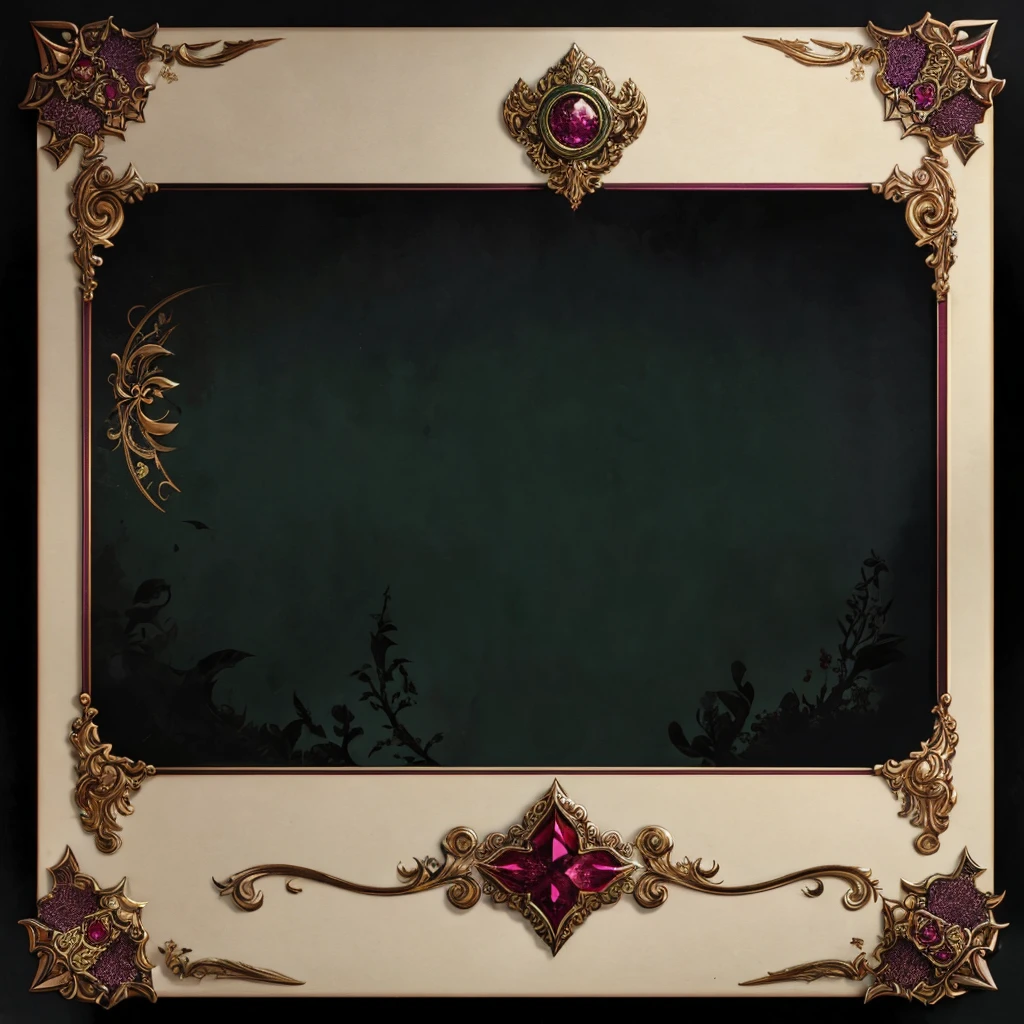 A card border UI，Medieval European aristocracy design，Noble and elegant dark style，There is a lavender ribbon in the middle with the card name.，There is a ruby under the bezel，There are sapphires on the left and right corners.。Redwood frame，Parchment backing，There are blood stains on it。Deep Red、Emerald Green、Gold main tone。