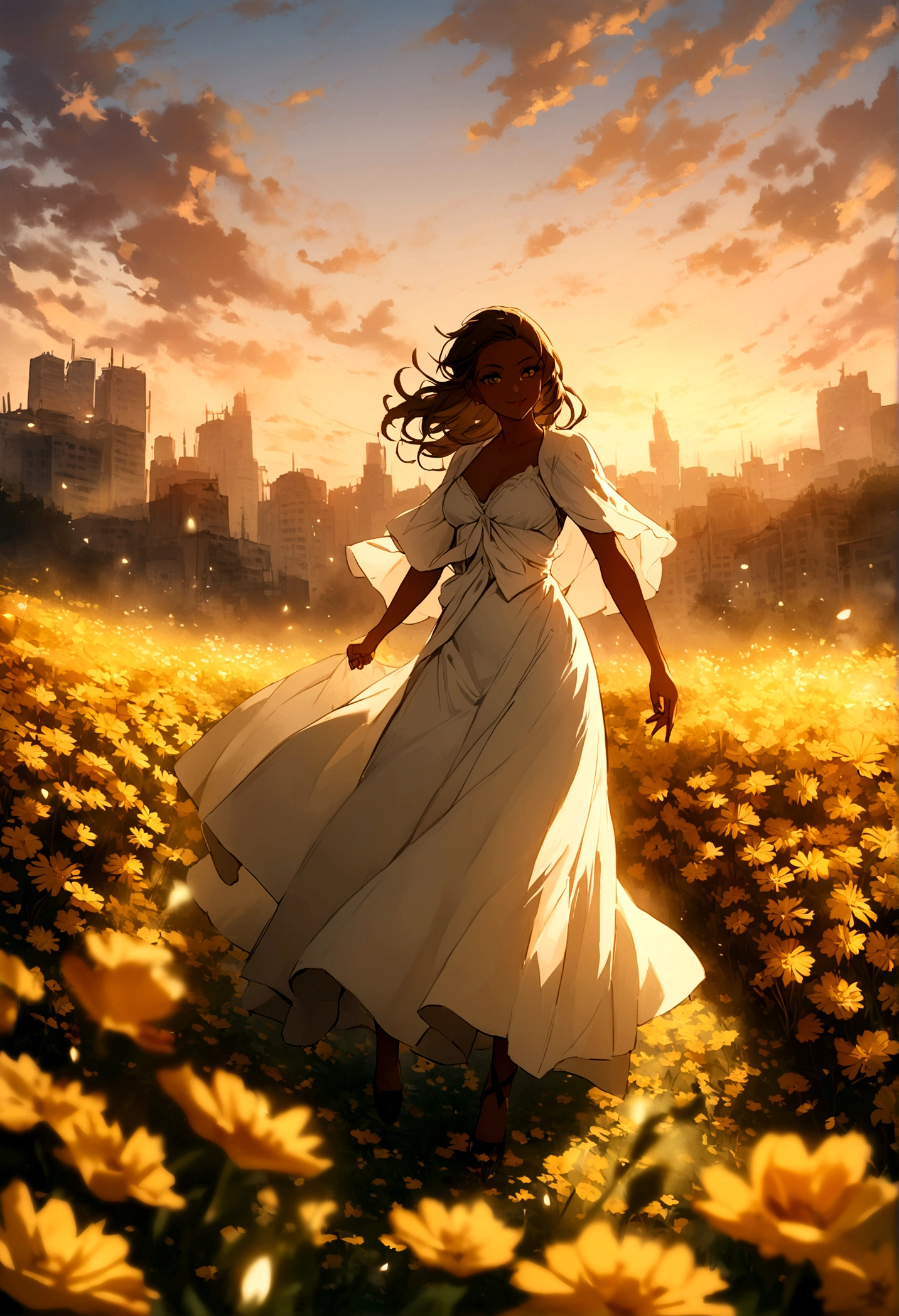 A cinematic photo of iberty statue with a smiling beauty face, as she strides confidently through a Beautiful flower fields filled with flowers of various colors, with the model's flawless skin glowing like a beacon of hope amidst the ravaged urban landscape. photographed with a shallow depth of field to blur the bleak surroundings, emphasizing her striking, rebellious pose. full body, golden hour.