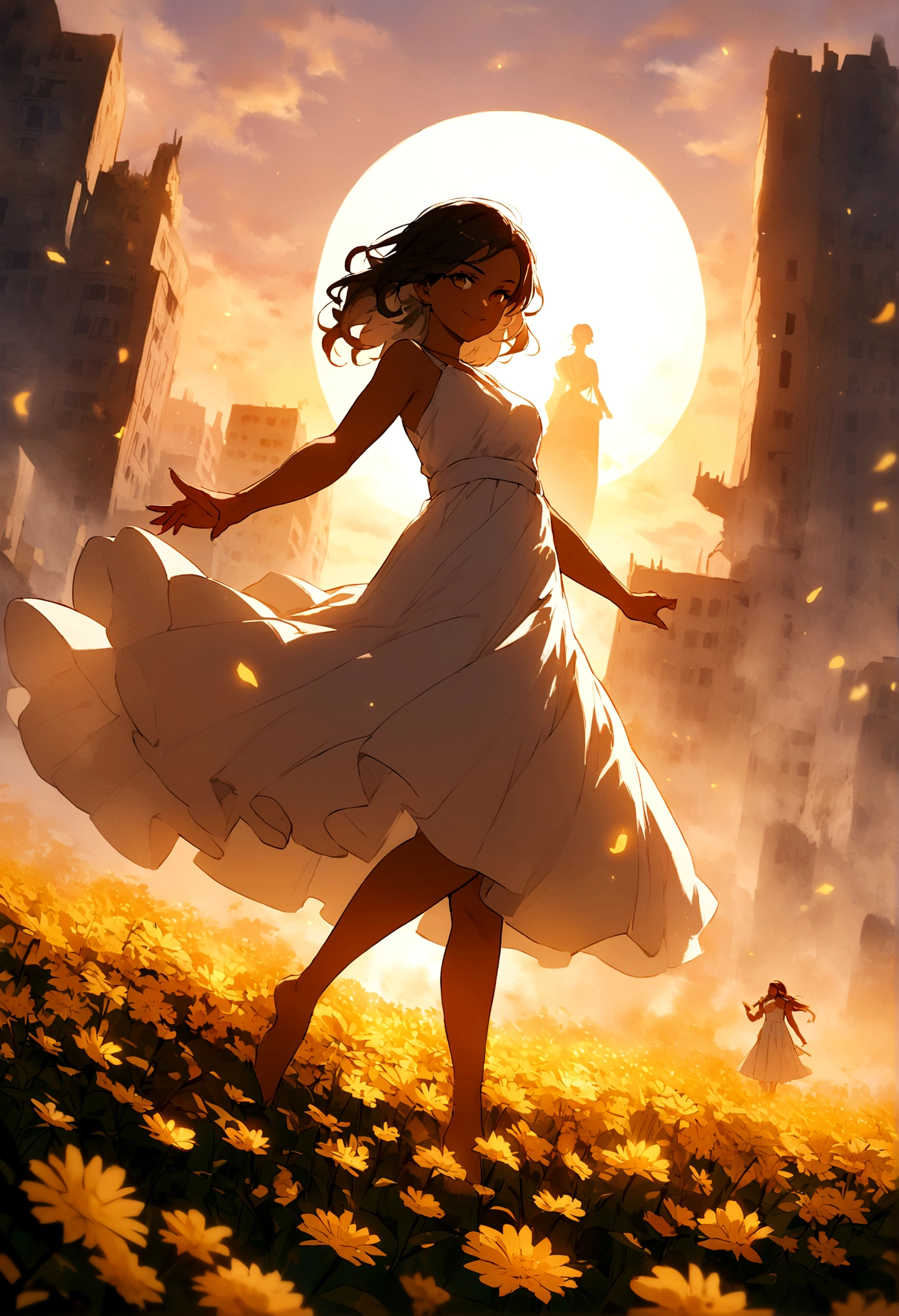 A cinematic photo of iberty statue with a smiling beauty face, as she strides confidently through a Beautiful flower fields filled with flowers of various colors, with the model's flawless skin glowing like a beacon of hope amidst the ravaged urban landscape. photographed with a shallow depth of field to blur the bleak surroundings, emphasizing her striking, rebellious pose. full body, golden hour.
