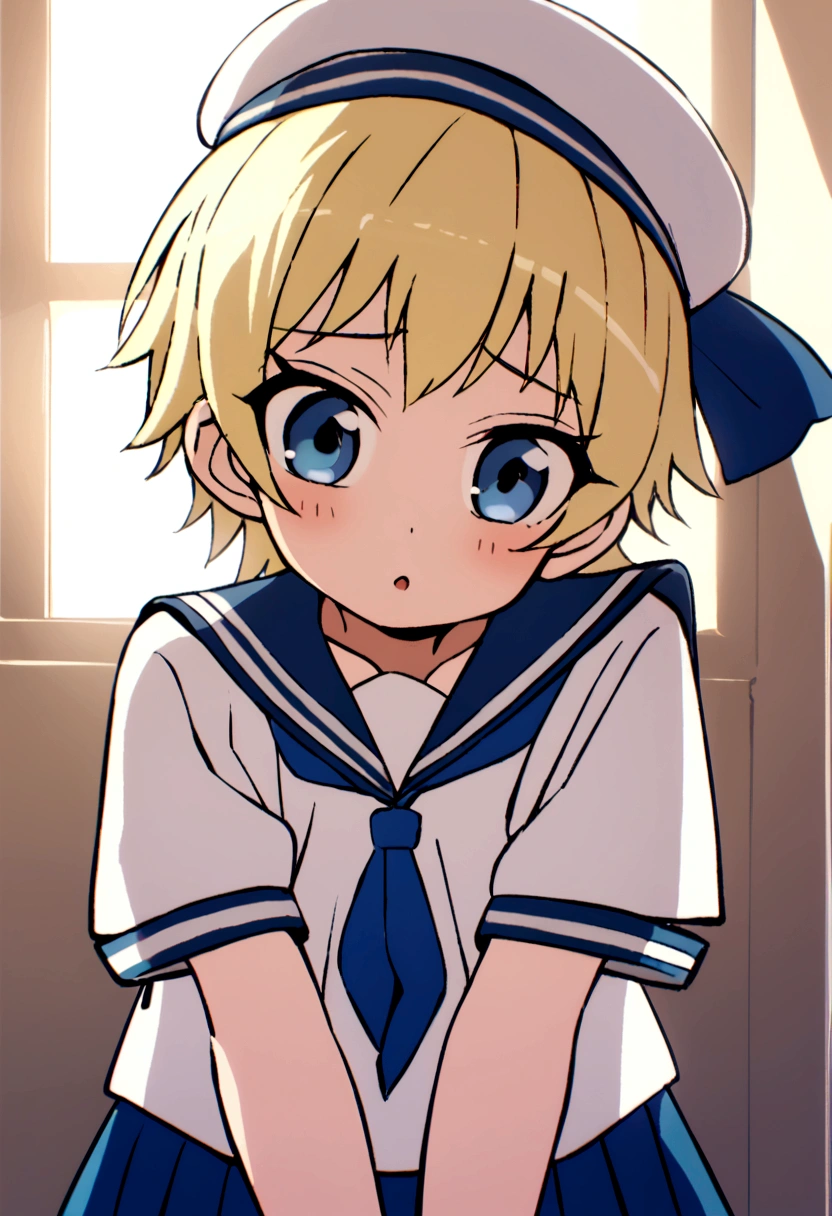 Blonde,wolf cut. Shota, sailor suit, sailor hat, blue eyes, tomboy, Naughty
