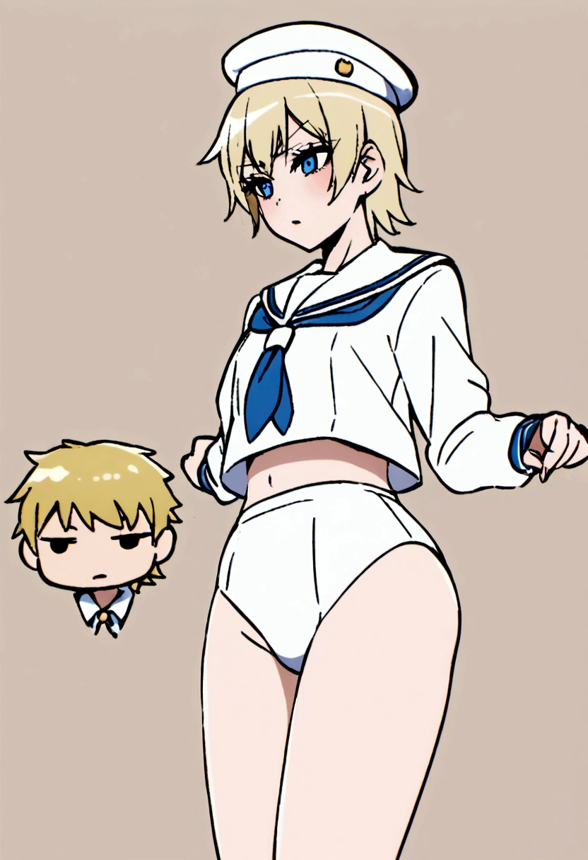 Blonde,wolf cut. Shota, sailor suit, sailor hat, blue eyes, tomboy, Naughty
